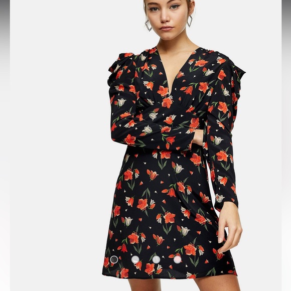 Top Shop Black & Red Floral Dress - Picture 1 of 6